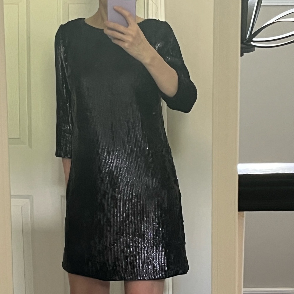 NEW w/out tags J Crew Navy Sequin Shift dress with back cut out and ribbon tie